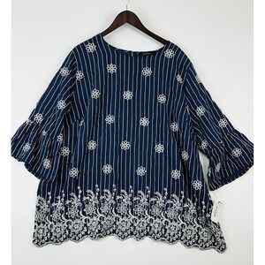 NWT Caleaas Embroidered Tunic Top‎ Size 3X Navy Blue Bell Sleeve Artsy Bohemian